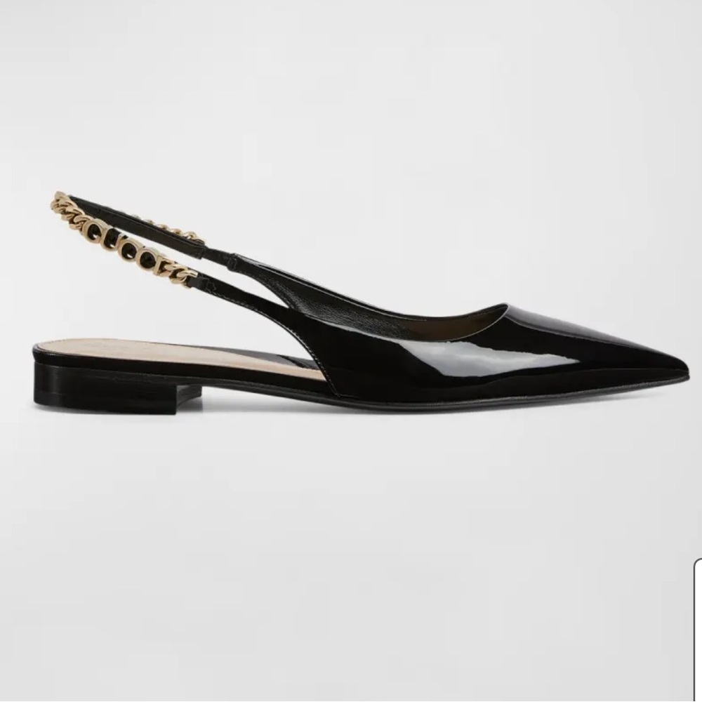 Gucci Black Patent Leather Pointed Slingback Flats with Gold Chain